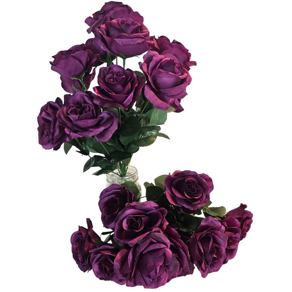 Silk Artificial Purple Rose Bush 12 Large 4in Rose Floral Wedding Craft Lot of 2